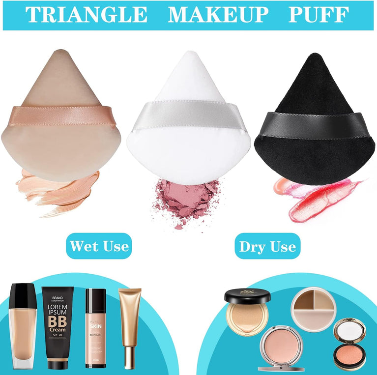 Makeup Powder Puffs, 4 Pack - Triangular, Washable Sponge with Strap for Wet or Dry Cosmetics