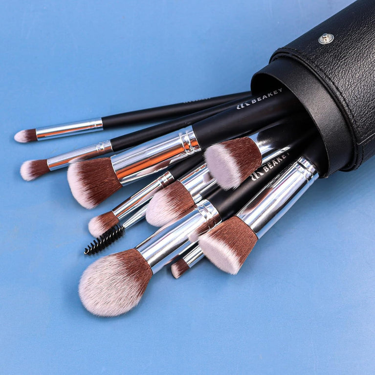 BEAKEY 12-Piece Makeup Brush Set with Blender Sponges - Black/Silver