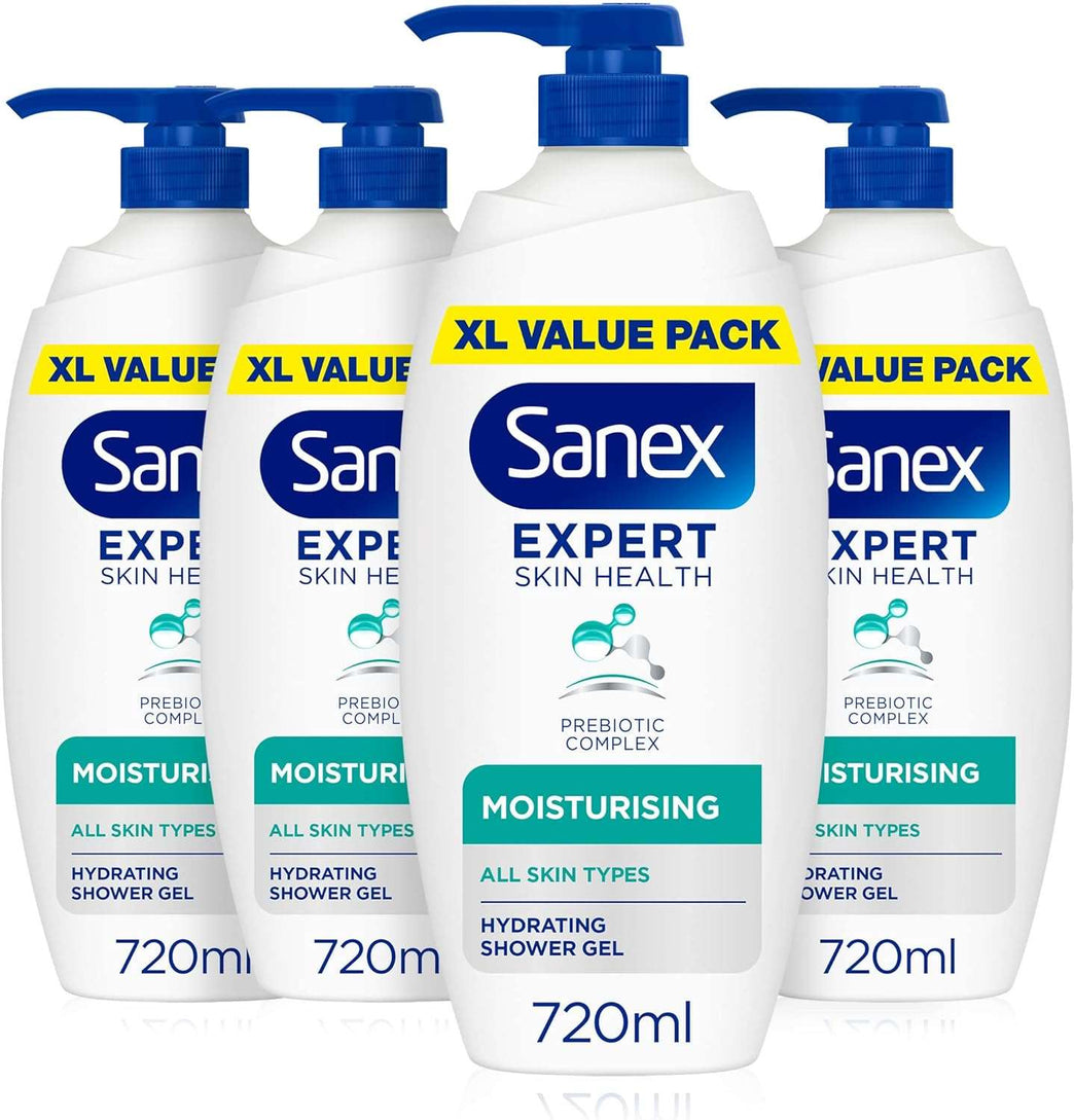 Sanex Expert Skin Health Moisturising Shower gel 720ml| body wash for men & women, gently cleanses, hydrates & softens skin, 12h hydration, advanced prebiotic complex formula, vegan, 4pack