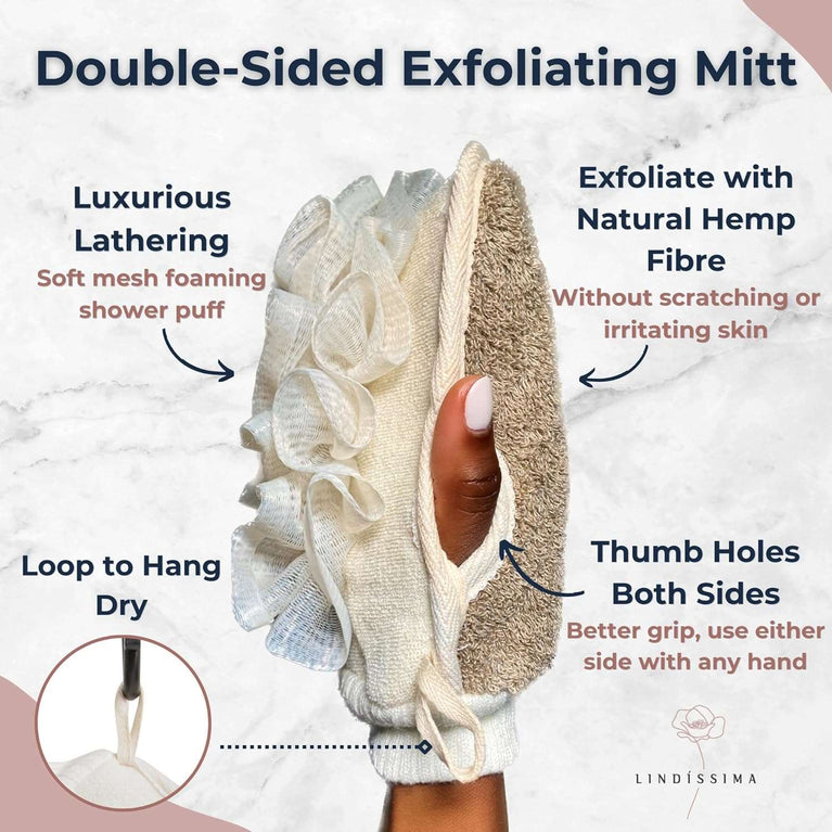 LINDISSIMA - Exfoliating Mitt Body Scrubber, Double-Sided Exfoliating Glove [UK Brand], Shower Puff Loofah Sponge, Dual Action Gentle Body Scrub Exfoliator & Bath Sponge for Skin Cleaning.