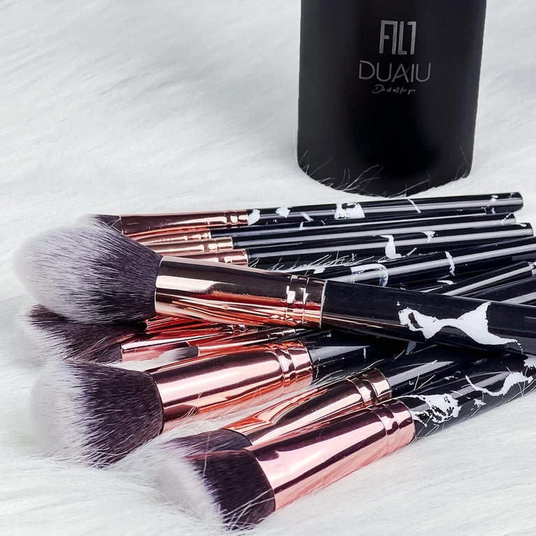 16-Piece Black Marble Makeup Brush Set with Holder - Vegan Synthetic Fibre Brushes for Eyeshadow, Foundation, Concealer, and Eyebrow - Gift Box Included