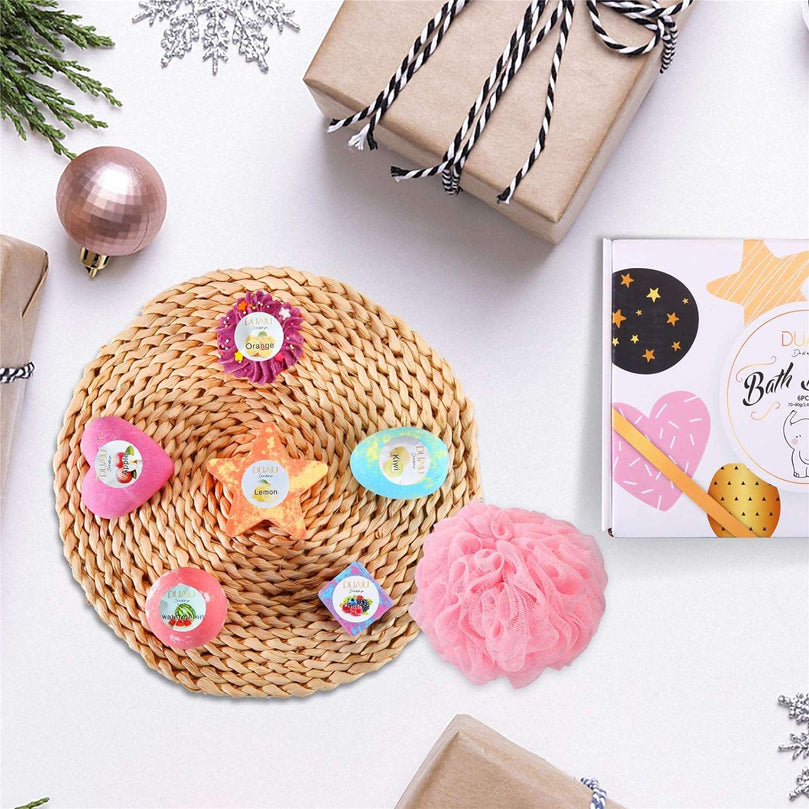 Bath Bombs for Kids, DUAIU 6pcs Fizzy Bubble Bath Bombs for Kids & Women Organic Natural Kids Bath Bomb Gift Set with Essential Oils Kid-Friendly Fruit Fragrance and a Bathing Mesh Ball