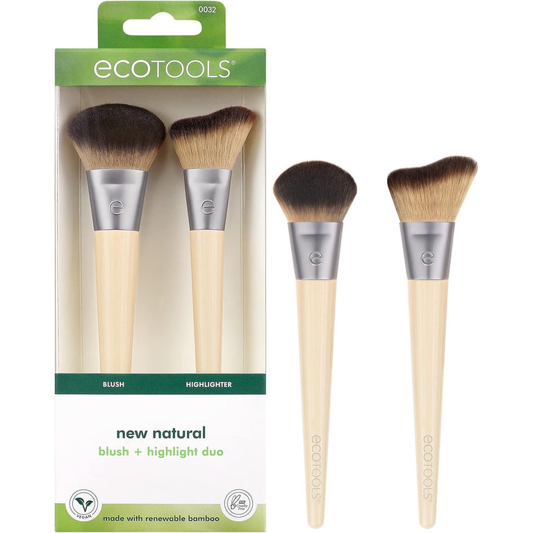 2x Radiant Blush & Highlight Brush Duo, Vegan & Cruelty-Free Synthetic Bristles for Skin Enhancement