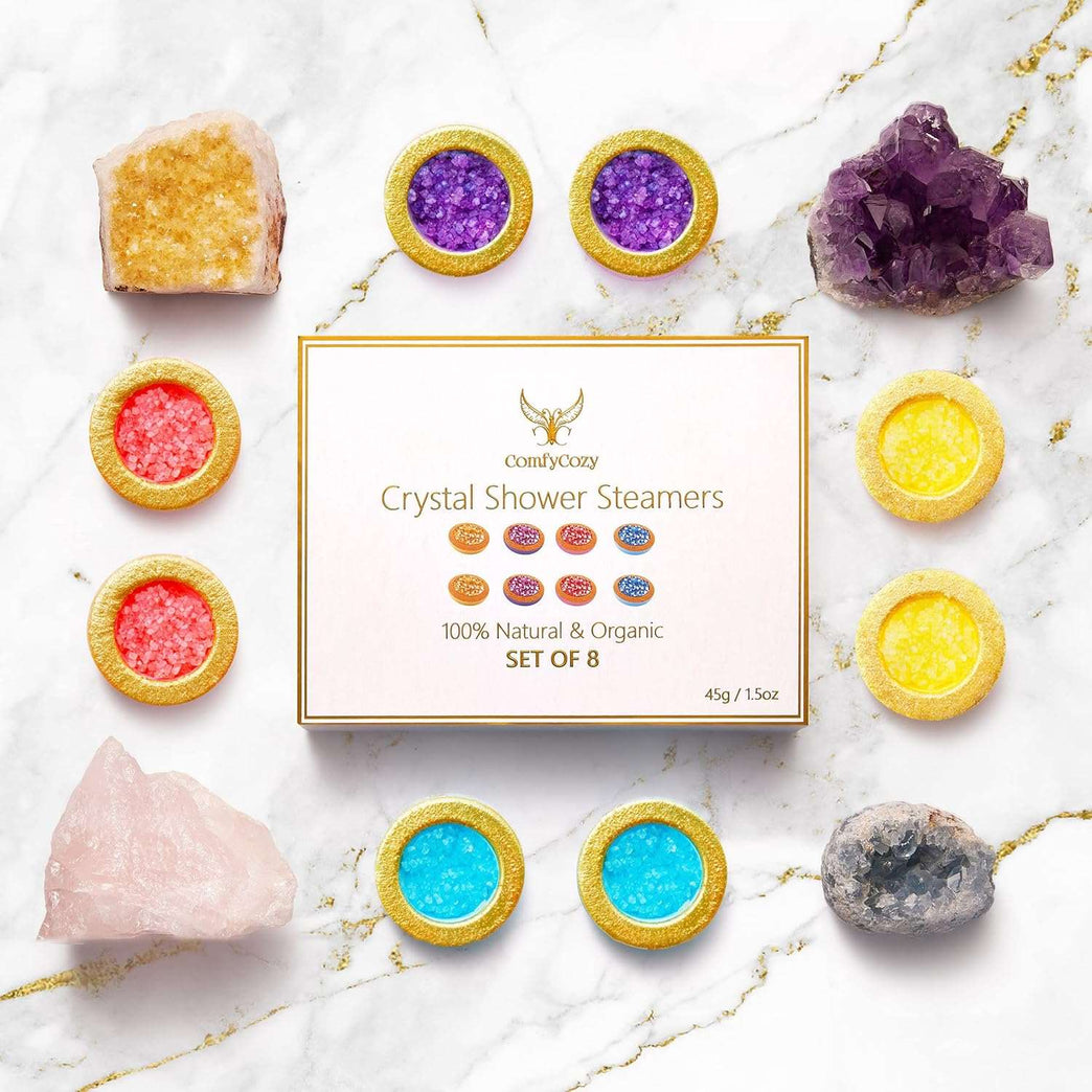 ComfyCozy Crystal Shower Steamers Luxury Gift Set | Bath Spa Relaxation Beauty Self Care Gifts For Women Mum Her Him | 8*45g Vegan Organic Shower Bombs | Pampering Birthday Relaxing Presents Hampers