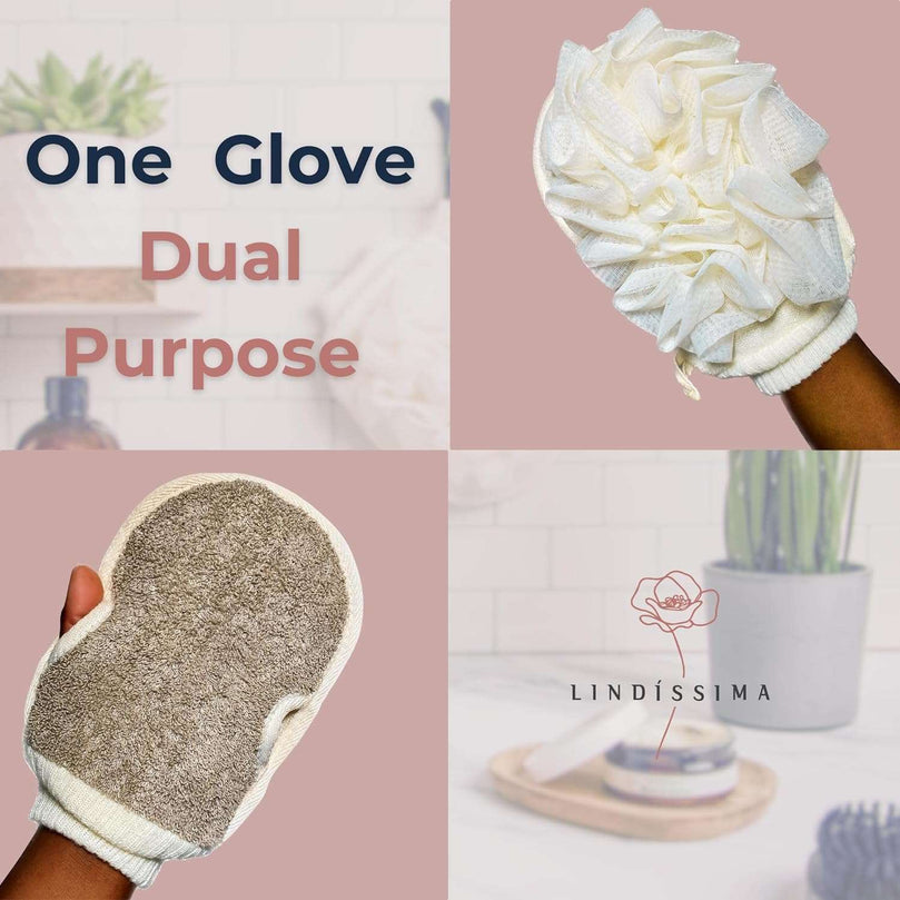 LINDISSIMA - Exfoliating Mitt Body Scrubber, Double-Sided Exfoliating Glove [UK Brand], Shower Puff Loofah Sponge, Dual Action Gentle Body Scrub Exfoliator & Bath Sponge for Skin Cleaning.