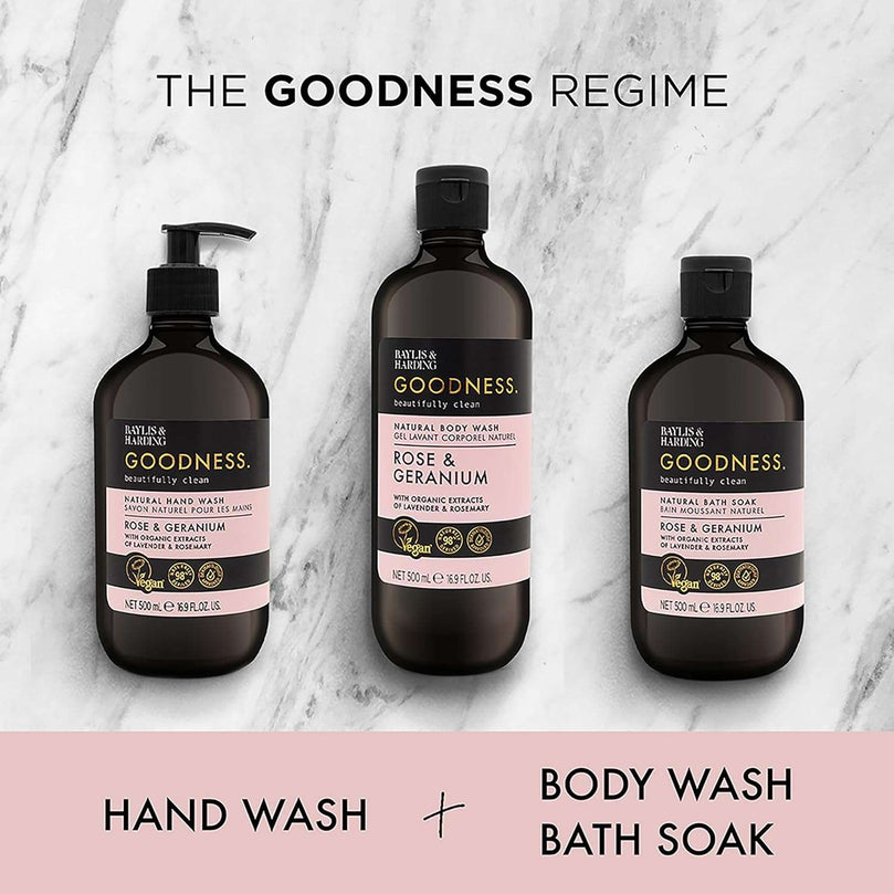 Baylis & Harding Goodness Rose & Geranium Natural Bath Soak, 500 ml (Pack of 3) - Vegan Friendly