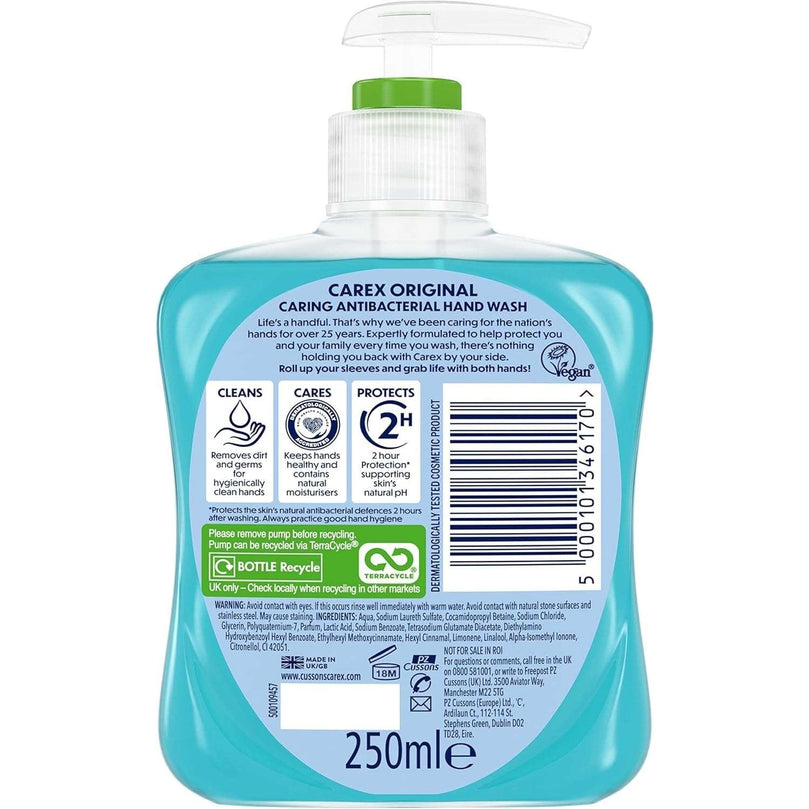 Carex Original Antibacterial Hand Wash, Clean & Protect Hands, Bulk Buy, Pack of 6 x 250 ml (Packaging may vary)