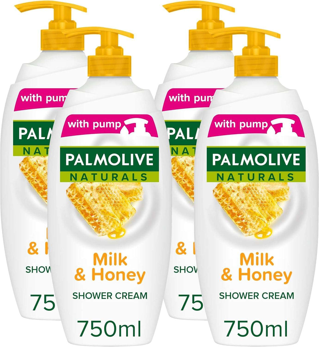 Palmolive Naturals Shower Gel, Milk and Honey Shower Cream with plant based Moisturising Milk, Dermatologically Tested Body Wash for All Skin Types, 750ml Pump Bottle, 4 Pack