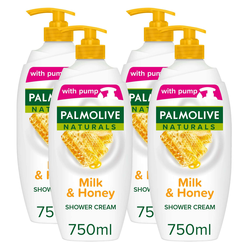 Palmolive Naturals Shower Gel, Milk and Honey Shower Cream with plant based Moisturising Milk, Dermatologically Tested Body Wash for All Skin Types, 750ml Pump Bottle, 4 Pack