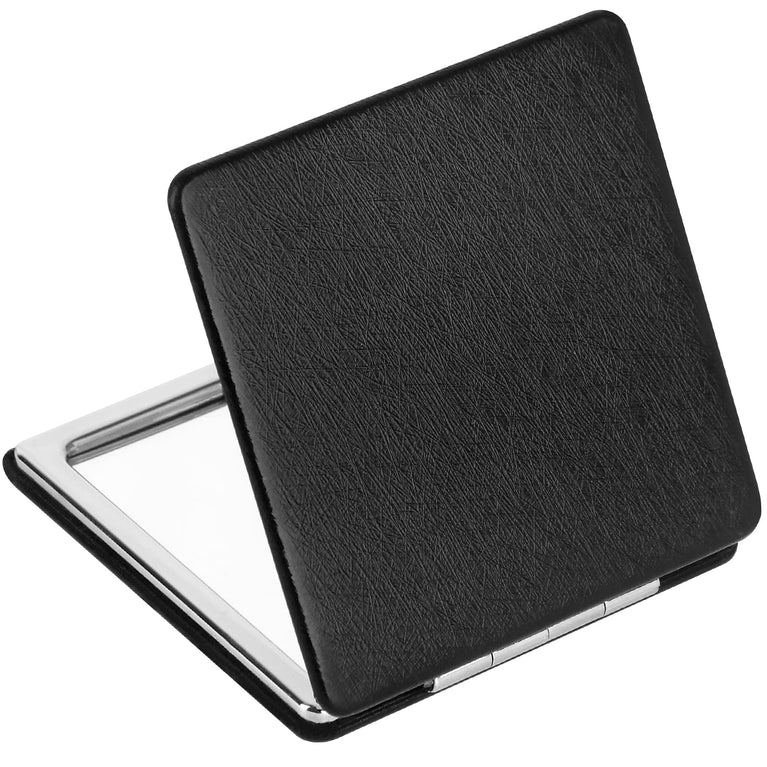 Womens Compact Foldable Magnifying Makeup Mirror - Black PU Leather Pocket Vanity Mirror
