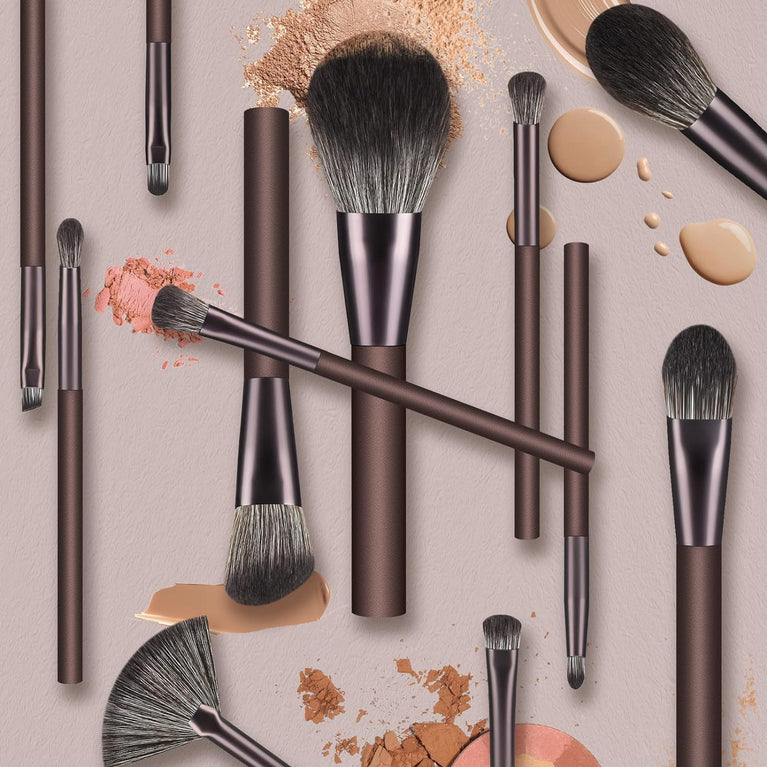 Flawless Face Essentials: 12-Piece Coffee Makeup Brush Set with Stylish Pink Handles