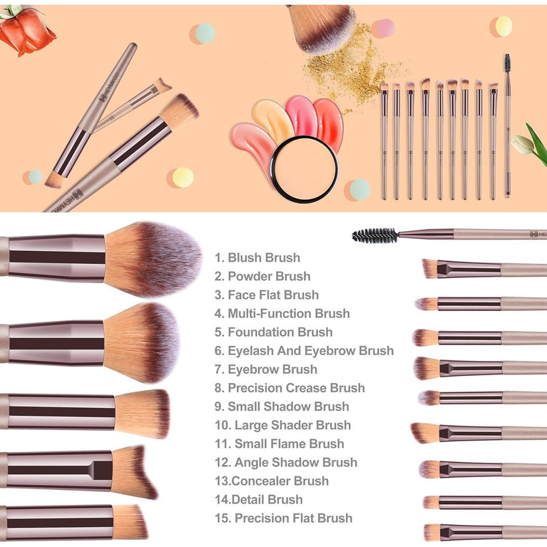 15-Piece Professional Champagne Gold Makeup Brush Set with Cosmetic Bag for Women