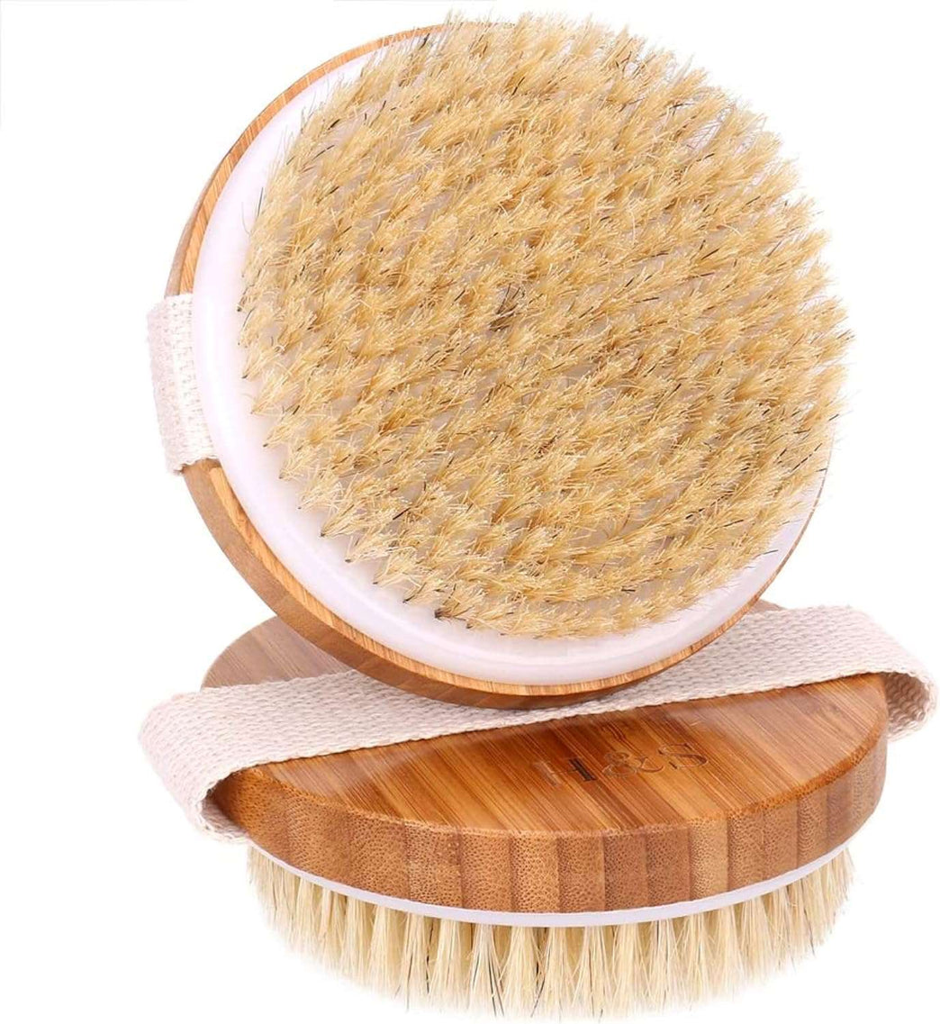 H&S 2pcs Body Brush Dry Skin Bath Shower Brush Back Scrubber Natural Bristles Exfoliating Cellulite Brush Bamboo Wood