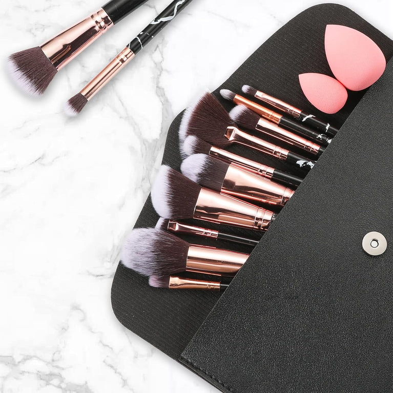 Pink Marble Makeup Brush Set with Blender and Travel Bag - 12Pcs Professional Beauty Kit