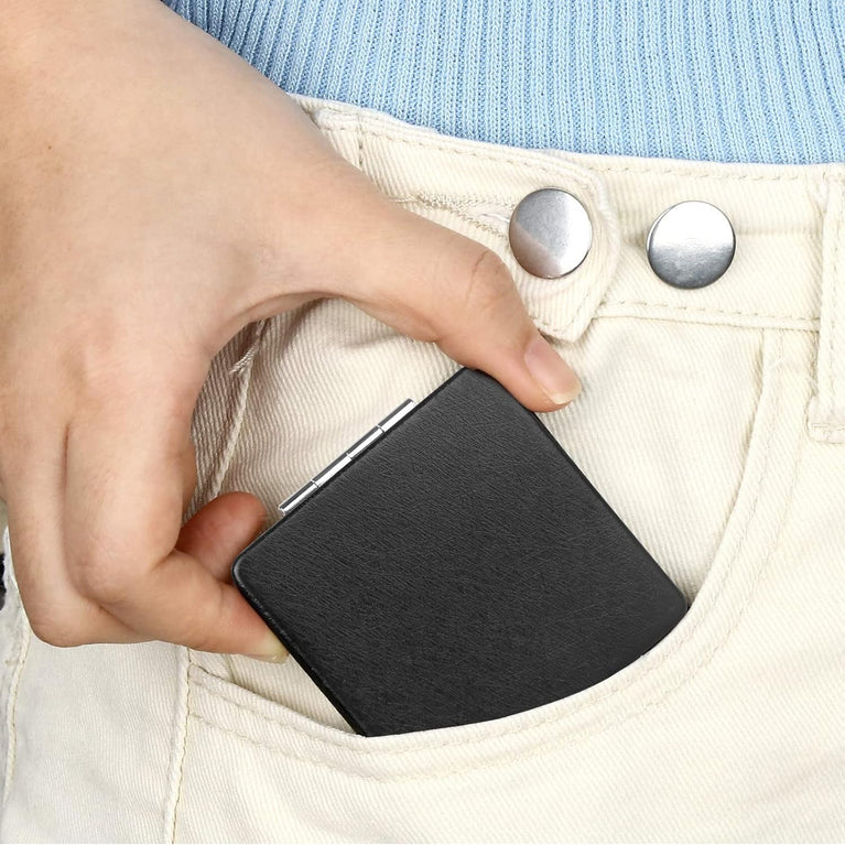 Womens Compact Foldable Magnifying Makeup Mirror - Black PU Leather Pocket Vanity Mirror