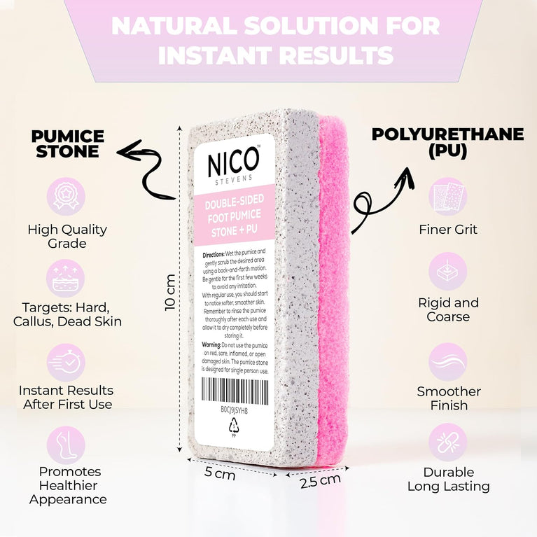 Nico Stevens Dual-Action Pumice Stone and PU Exfoliator - Superior Callus and Corn Remover for Hard Dry Skin - Perfect for Men & Women - Essential Pedicure Tool for Smooth Skin (Pink)