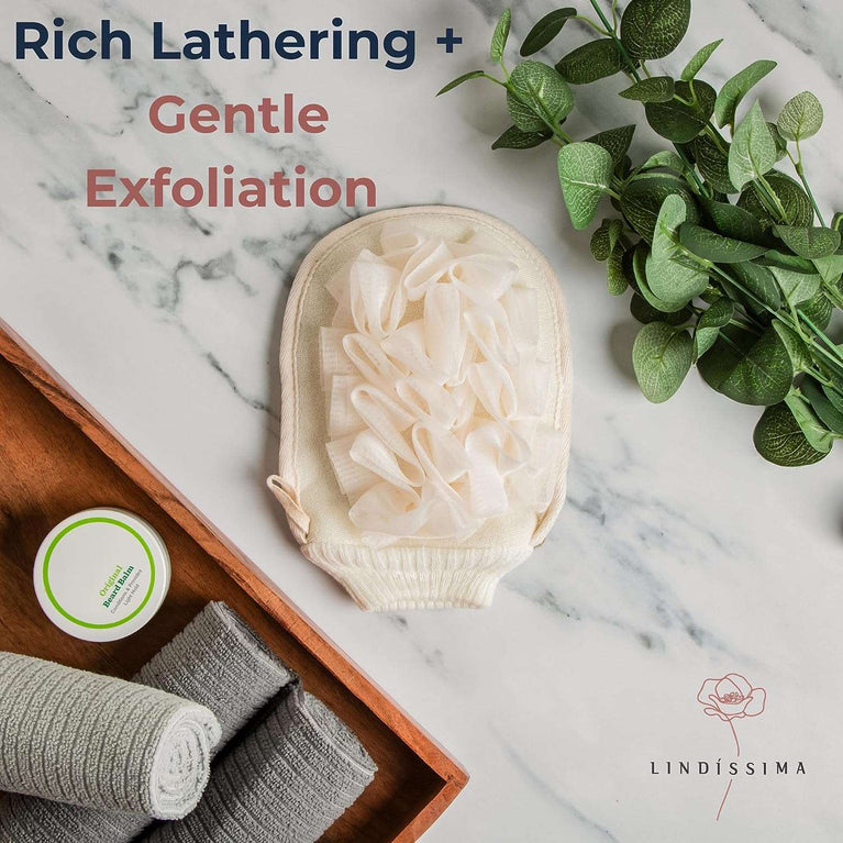 LINDISSIMA - Exfoliating Mitt Body Scrubber, Double-Sided Exfoliating Glove [UK Brand], Shower Puff Loofah Sponge, Dual Action Gentle Body Scrub Exfoliator & Bath Sponge for Skin Cleaning.