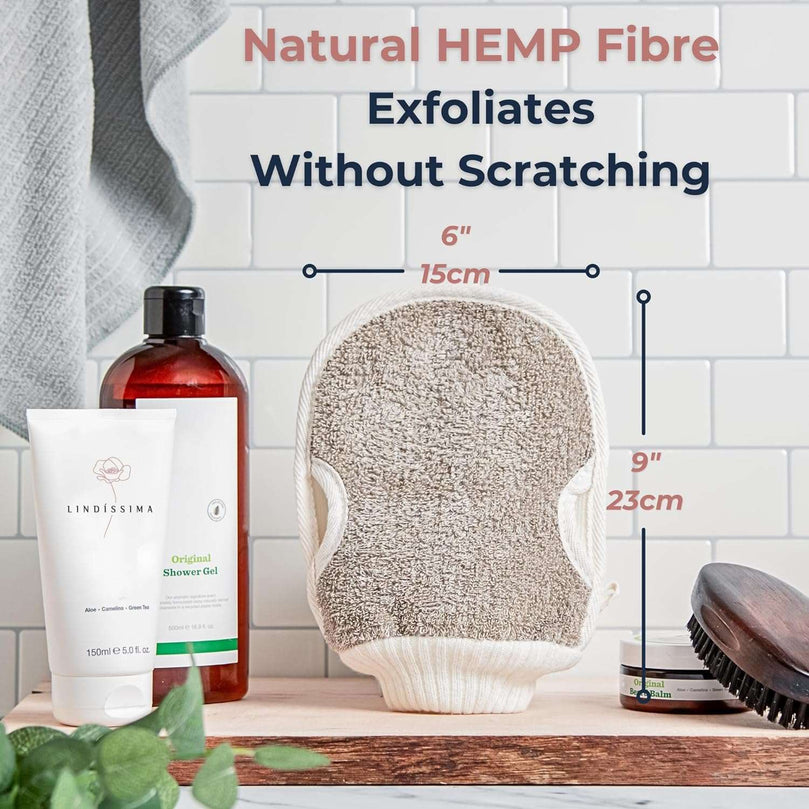 LINDISSIMA - Exfoliating Mitt Body Scrubber, Double-Sided Exfoliating Glove [UK Brand], Shower Puff Loofah Sponge, Dual Action Gentle Body Scrub Exfoliator & Bath Sponge for Skin Cleaning.