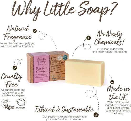 Little Soap Company Organic Soap Bar – Vegan, Cruelty Free, No SLS or Parabens, With Rose Geranium, Natural & Organic Body & Hand Soap (110g)