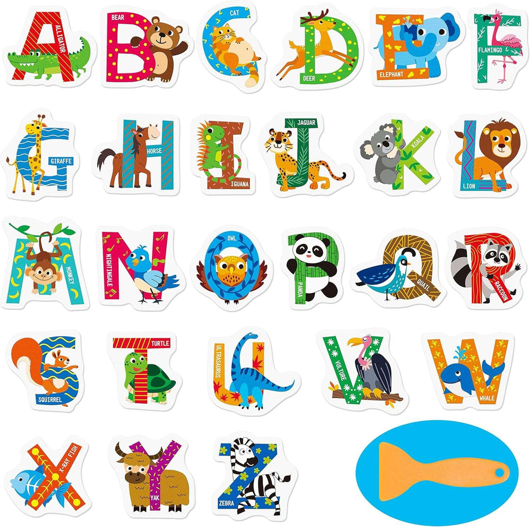 26 Non-Slip Alphabet Animal Bathtub Stickers, Waterproof and Anti Skid for Shower and Bathtub with Premium Scraper