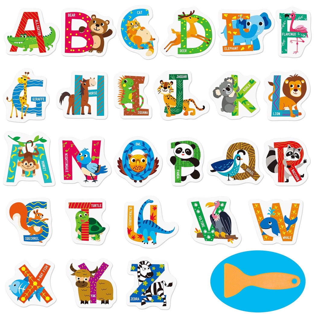 26 Non-Slip Alphabet Animal Bathtub Stickers, Waterproof and Anti Skid for Shower and Bathtub with Premium Scraper