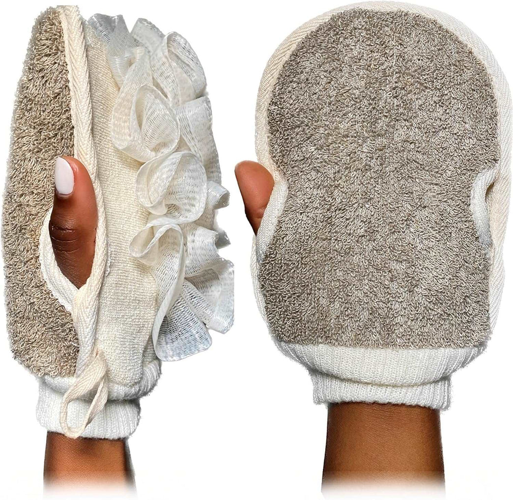 LINDISSIMA - Exfoliating Mitt Body Scrubber, Double-Sided Exfoliating Glove [UK Brand], Shower Puff Loofah Sponge, Dual Action Gentle Body Scrub Exfoliator & Bath Sponge for Skin Cleaning.