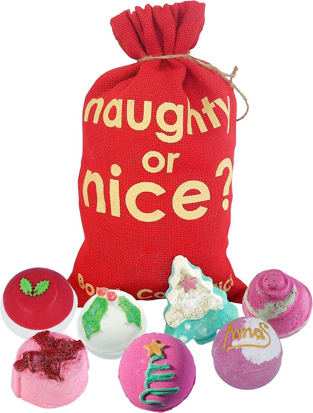 Bomb Cosmetics Naughty or Nice Handmade Hessian Sack Bath Blaster Gift Pack, Contains 7-Piece, 160 g Each (Contents May Vary)