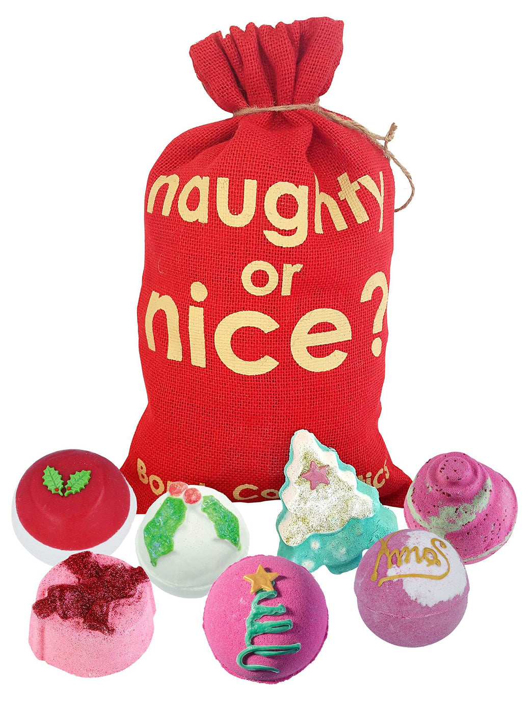 Bomb Cosmetics Naughty or Nice Handmade Hessian Sack Bath Blaster Gift Pack, Contains 7-Piece, 160 g Each (Contents May Vary)