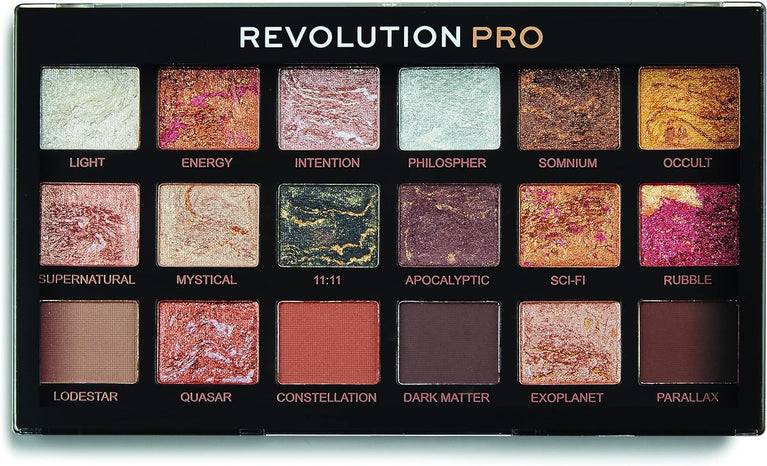 Astrological Galaxy-Inspired Regeneration Eyeshadow Palette by Revolution Beauty London Pro, 18 Warm Neutral Shades, 14.4g