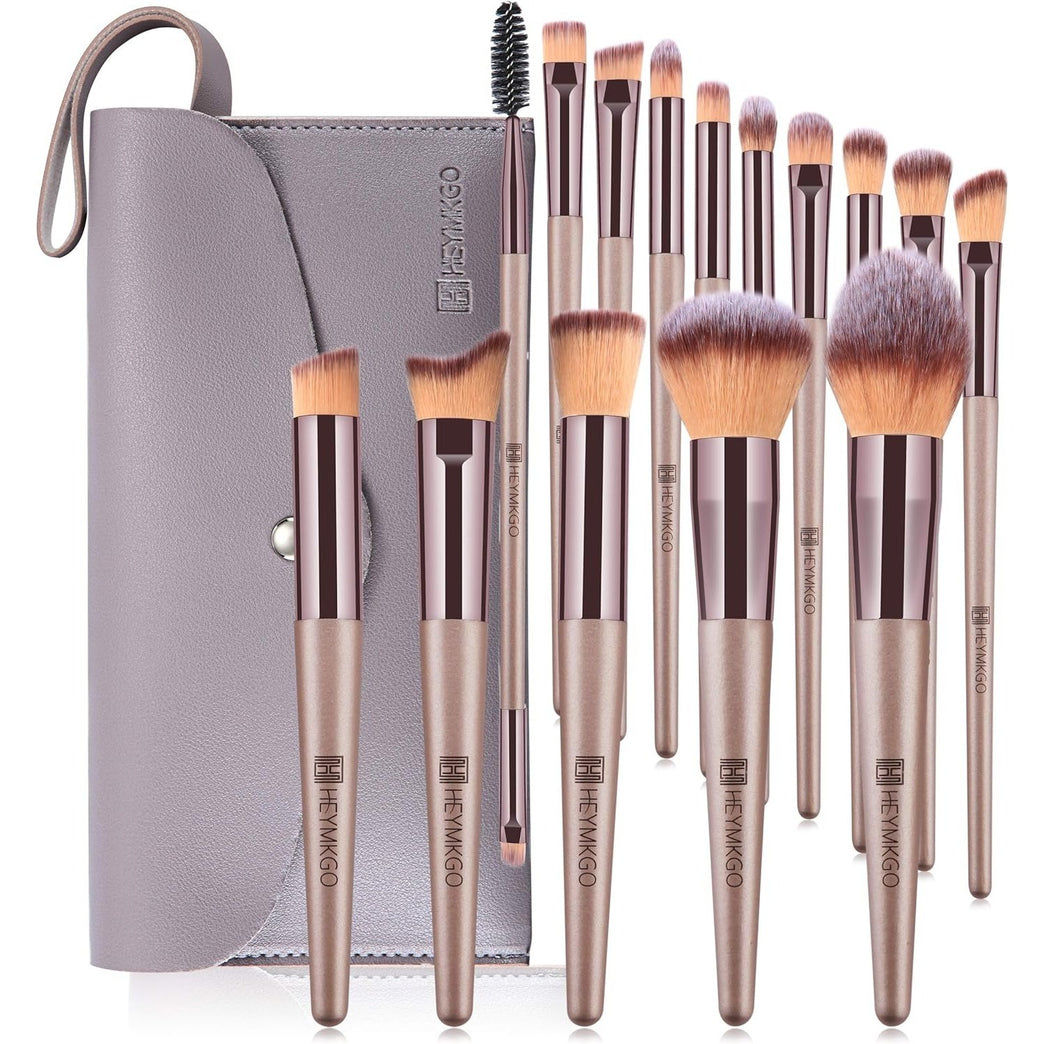 15-Piece Professional Champagne Gold Makeup Brush Set with Cosmetic Bag for Women