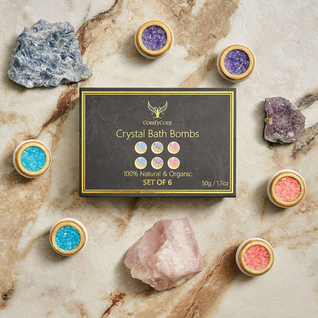 ComfyCozy Crystal Bath Bombs Luxury Gift Set | Relaxation Beauty Pamper Self Care Birthday Gifts for Women Mum Her Him Anniversary | 6 * 50g Vegan Organic Bathbombs | Relaxing Hamper Spa Bomb Package