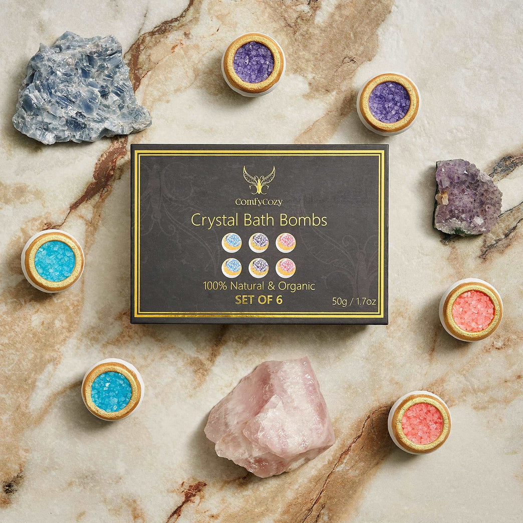 ComfyCozy Crystal Bath Bombs Luxury Gift Set | Relaxation Beauty Pamper Self Care Birthday Gifts for Women Mum Her Him Anniversary | 6 * 50g Vegan Organic Bathbombs | Relaxing Hamper Spa Bomb Package