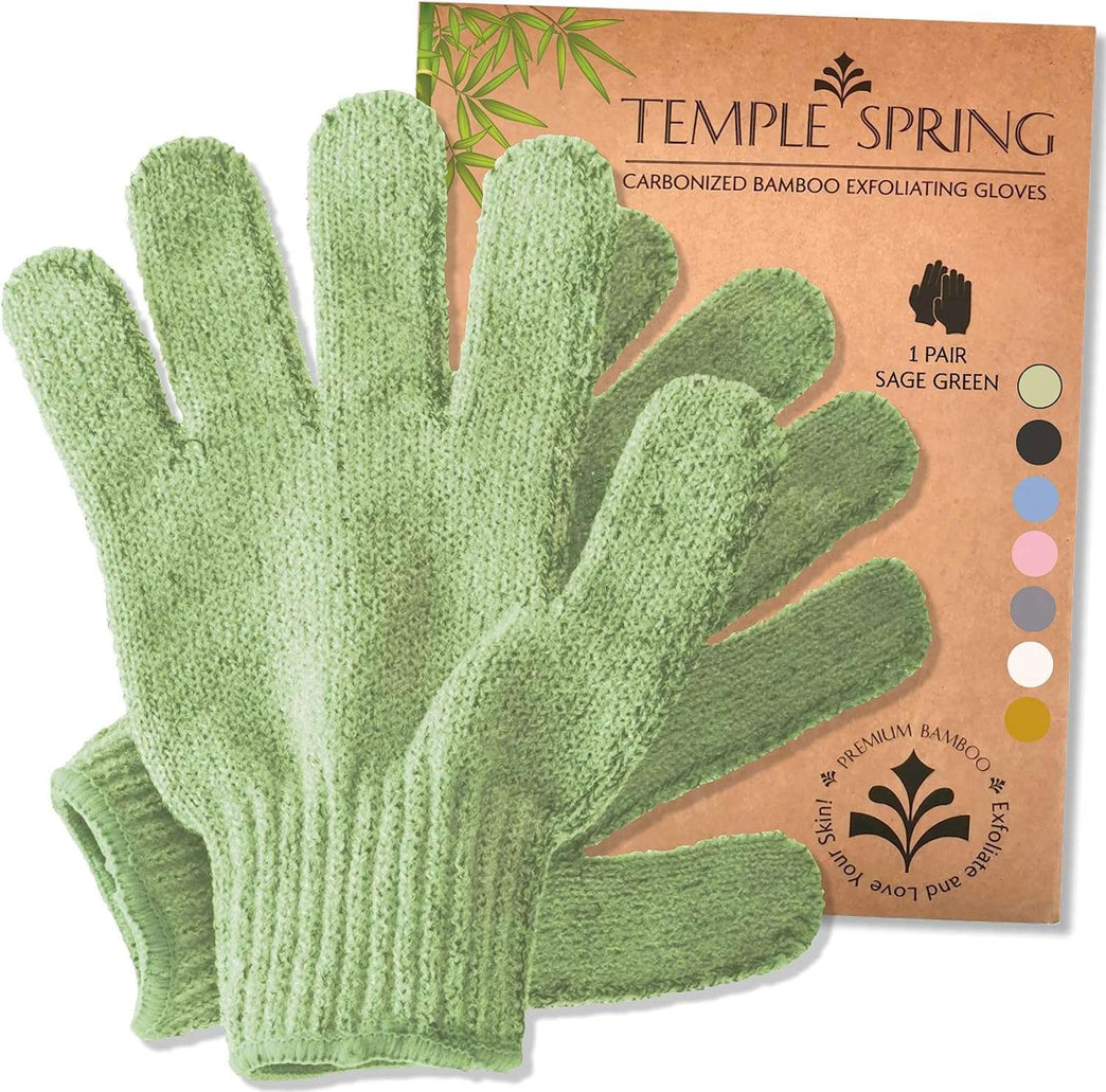 Exfoliating Gloves - Bamboo Shower Gloves - Bath and Body Exfoliator Mitts - Scrubs Away Ingrown Hair and Dead Skin - Natural Eco Microfibre Bath Gloves - Sage Green