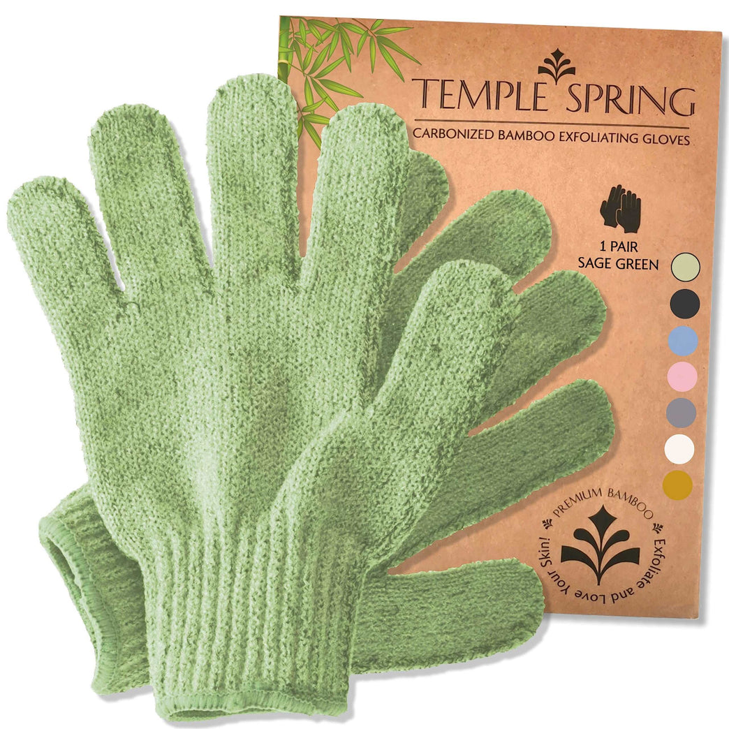 Exfoliating Gloves - Bamboo Shower Gloves - Bath and Body Exfoliator Mitts - Scrubs Away Ingrown Hair and Dead Skin - Natural Eco Microfibre Bath Gloves - Sage Green