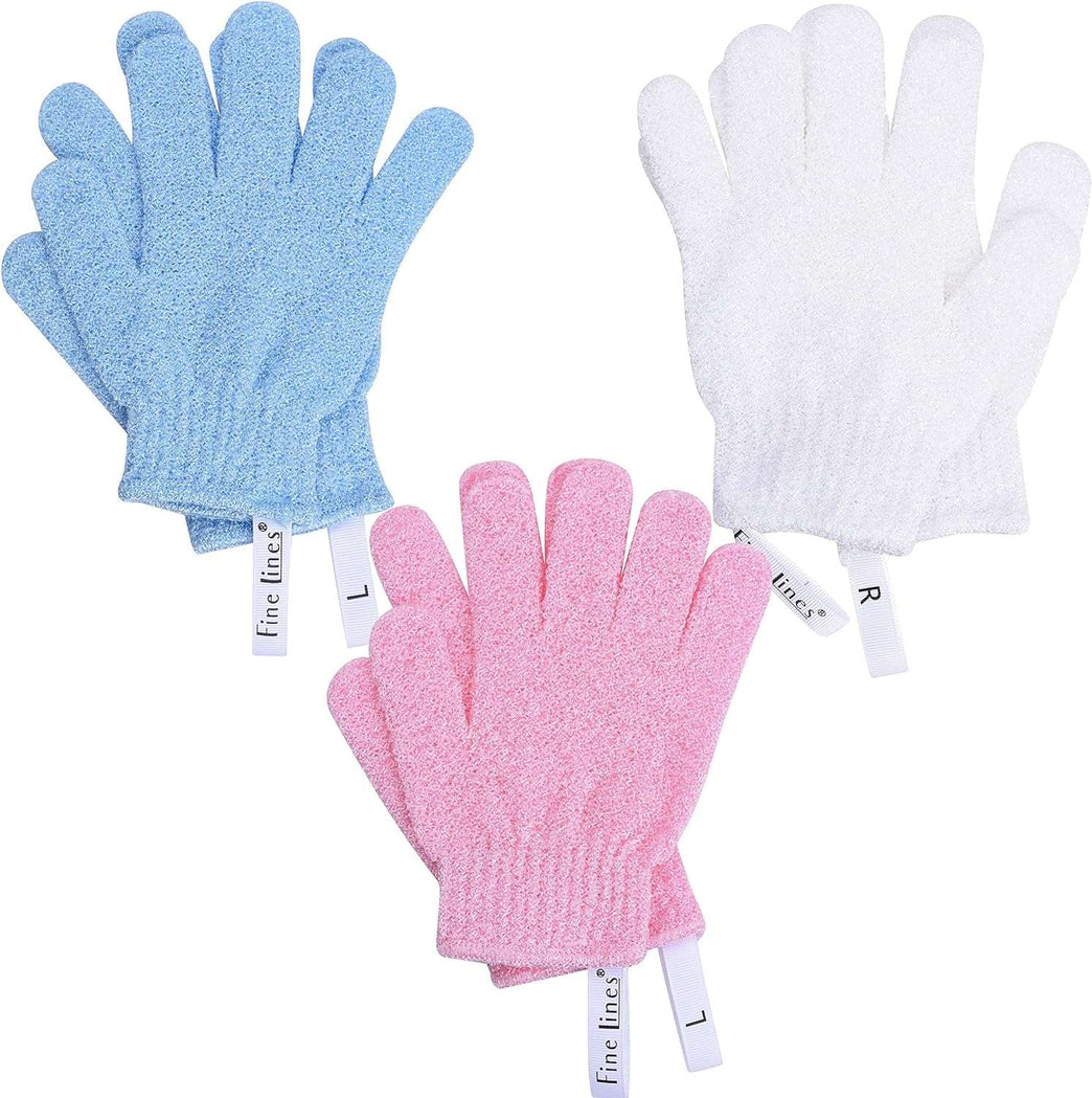 Fine Lines - Exfoliating Shower Gloves, Pack of 3 Pairs (6 pcs) - Exfoliating Glove for Bath scrub, Dead Skin Remover - Exfoliating mitt - Body Scrub Gloves with Hanging Hoops - Protected Design