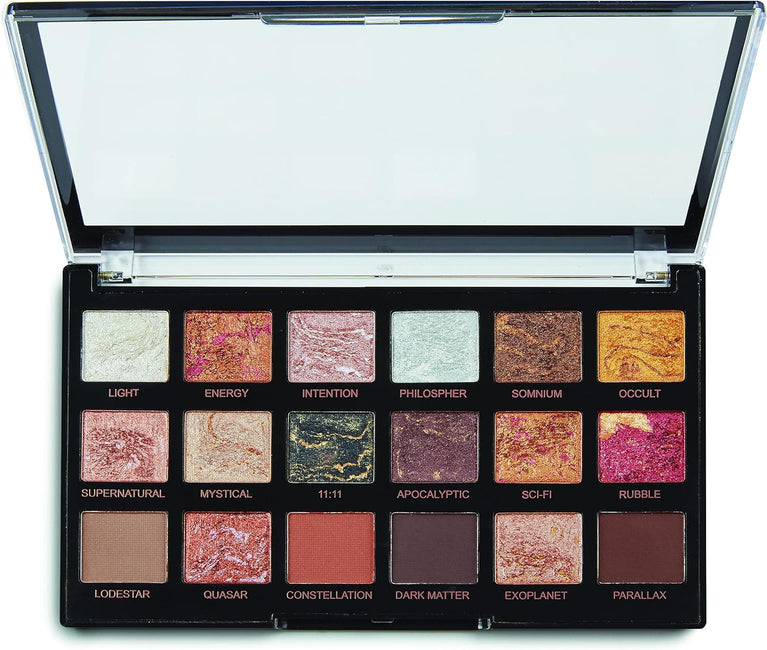Astrological Galaxy-Inspired Regeneration Eyeshadow Palette by Revolution Beauty London Pro, 18 Warm Neutral Shades, 14.4g