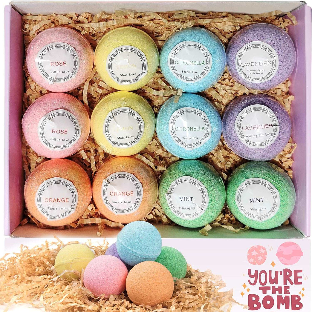 Bath Bombs Gift Set, TTRwin Natural Vegan Spa 12 Fizzy Bubble Bath Bomb Kit with Different Organic Essential Oils，Birthday Gift idea for Her, Women, Men, Kids and Teen Girls
