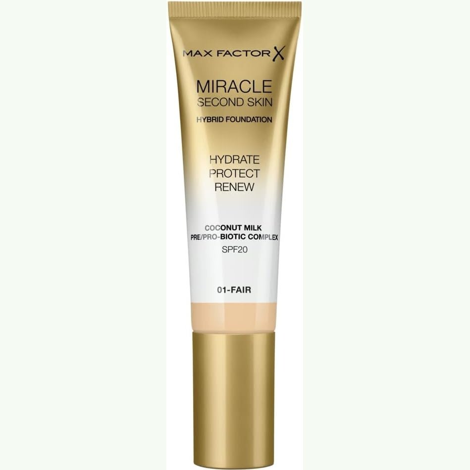 Max Factor Second Skin Miracle Touch Foundation, 01-Fair, 30 ml - Lightweight Hydrating Makeup with Skin Renewal Benefits