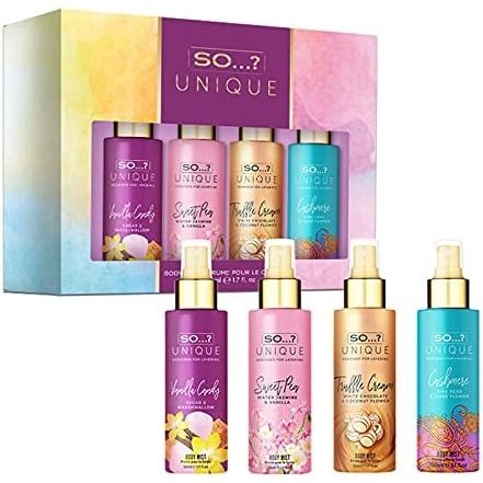 So...? Unique Womens Gift Set with Vanilla Candy, Sweet Pea, Truffle Cream, & Cashmere, Body Mist Fragrance Spray Set (4 x 50ml.)