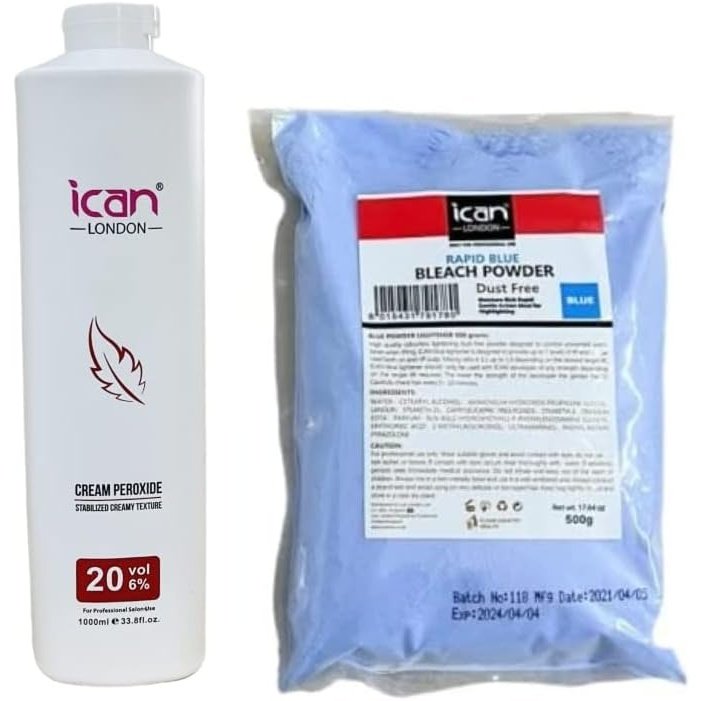ICAN LONDON BLEACHING SET - 20 Vol Cream Peroxide 6% 1000ml + Rapid Blue Powder Bleach 500g