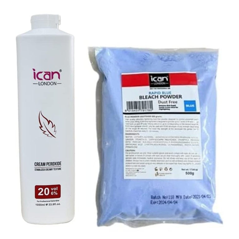 ICAN LONDON BLEACHING SET - 20 Vol Cream Peroxide 6% 1000ml + Rapid Blue Powder Bleach 500g