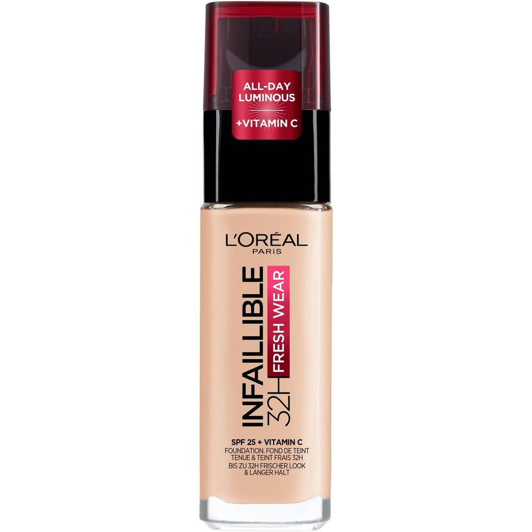 L'Oréal Paris Infallible 32H Fresh Wear Foundation in 20 Ivory - Full Coverage, Long-lasting, Waterproof, SPF 25, Enriched with Vitamin C for Flawless Finish