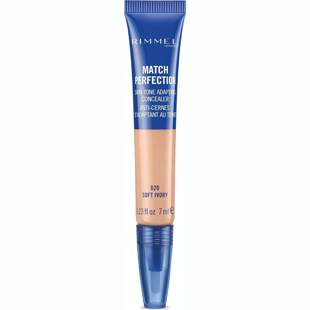 Rimmel London Match Perfection Light Coverage Blendable Liquid Concealer, 020 Soft Ivory, 7 ml