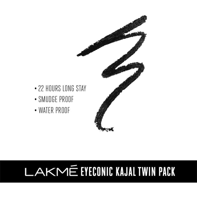 Lakme Eyeconic Waterproof Kajal Twin Pack, Black, 0.35g - Long-lasting Smudgeproof Eyeliner from India