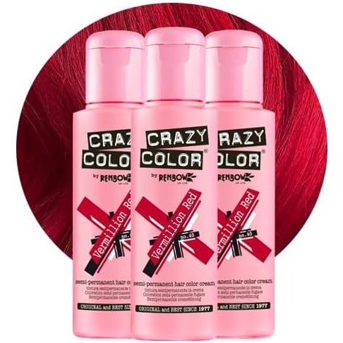 Crazy Color Vibrant Vermillion Red Semi-Permanent Trio Hair Dye. Highly Pigmented Scarlet Red Conditioning & Oil Nourishing Vegan Formula | No Bleach or Ammonia | 300ml