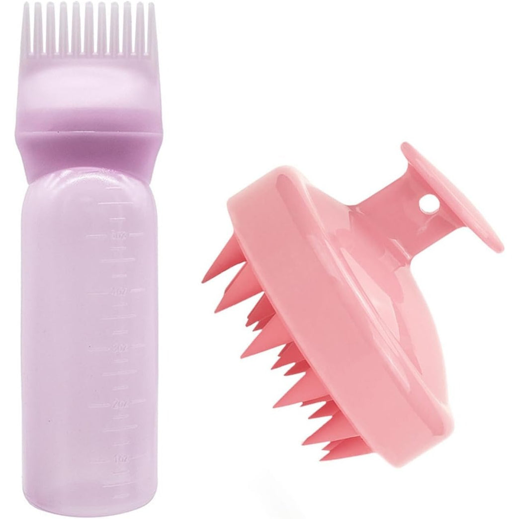 Hair Oil Applicator Bottle with Root Comb and Scalp Massage Comb (2 Pack, Pink)