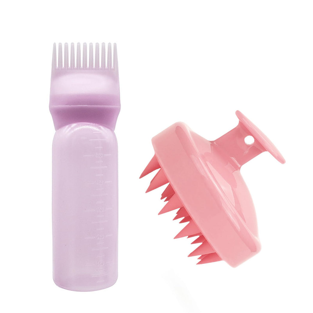 Hair Oil Applicator Bottle with Root Comb and Scalp Massage Comb (2 Pack, Pink)