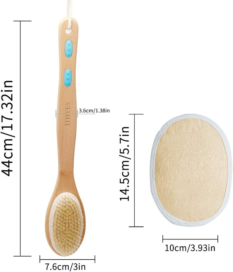 Ithyes Long Handle Shower Brush with Natural Bristles and Loofah Pad