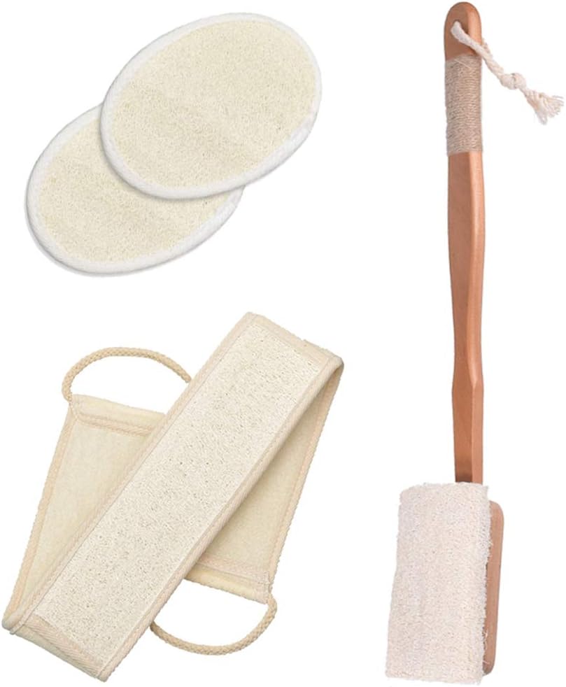 Exfoliating Back Scrubber Set with Natural Luffa and Long Wooden Handle for Shower and Bath Spa