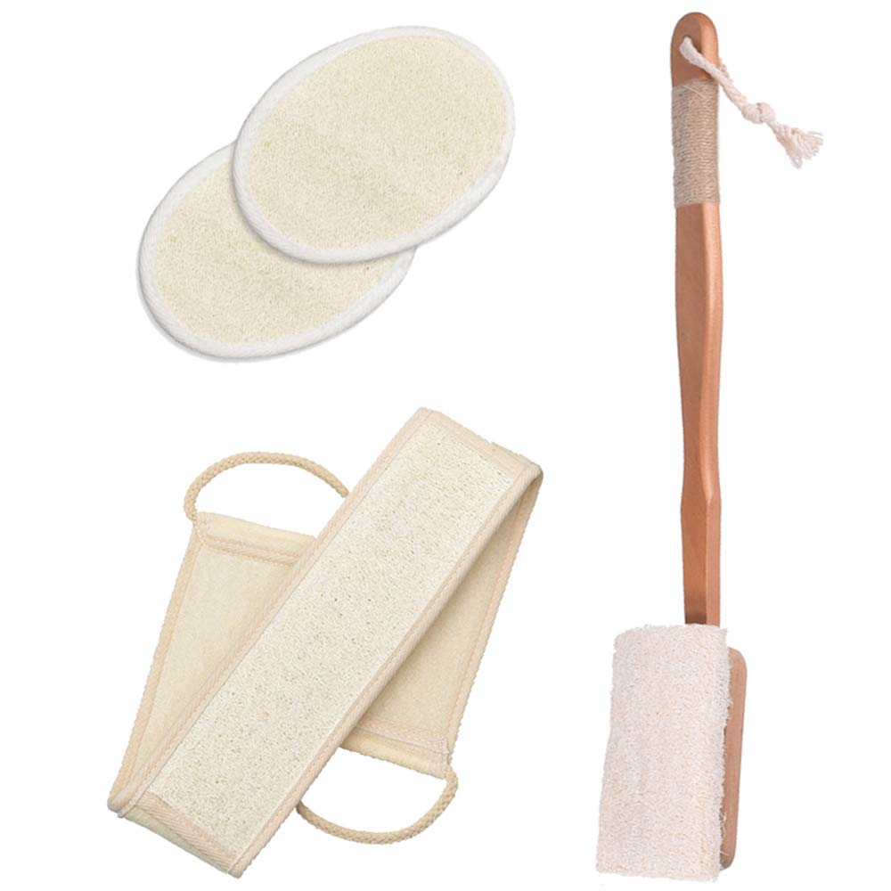 Exfoliating Back Scrubber Set with Natural Luffa and Long Wooden Handle for Shower and Bath Spa